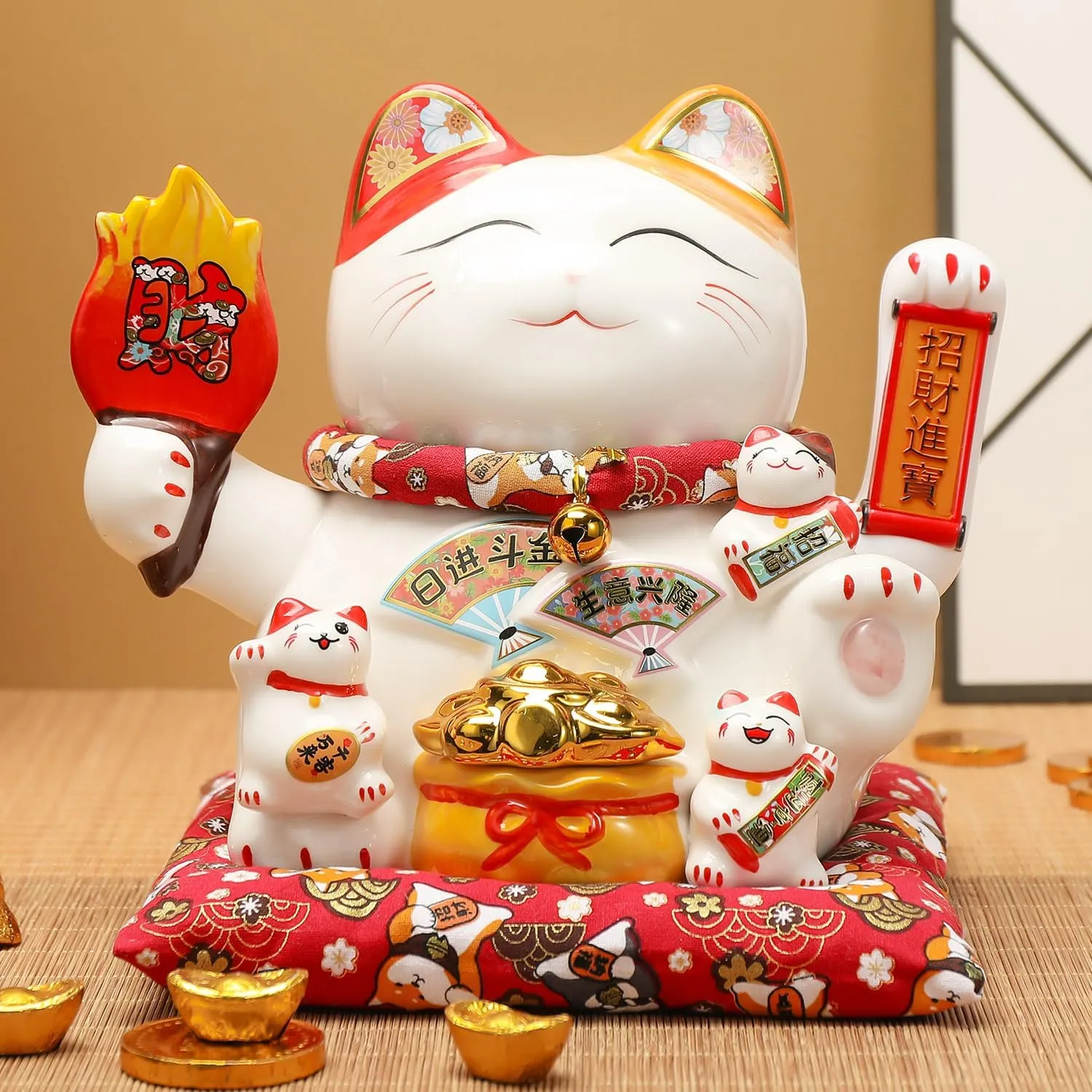 Chinese Ceramic Lucky Cat - Japanese Cat Waving Arm, Lucky Statue Cat Fortune Cat with Moving Arm, Good Luck Statue for Home, Office, and Store Decor
