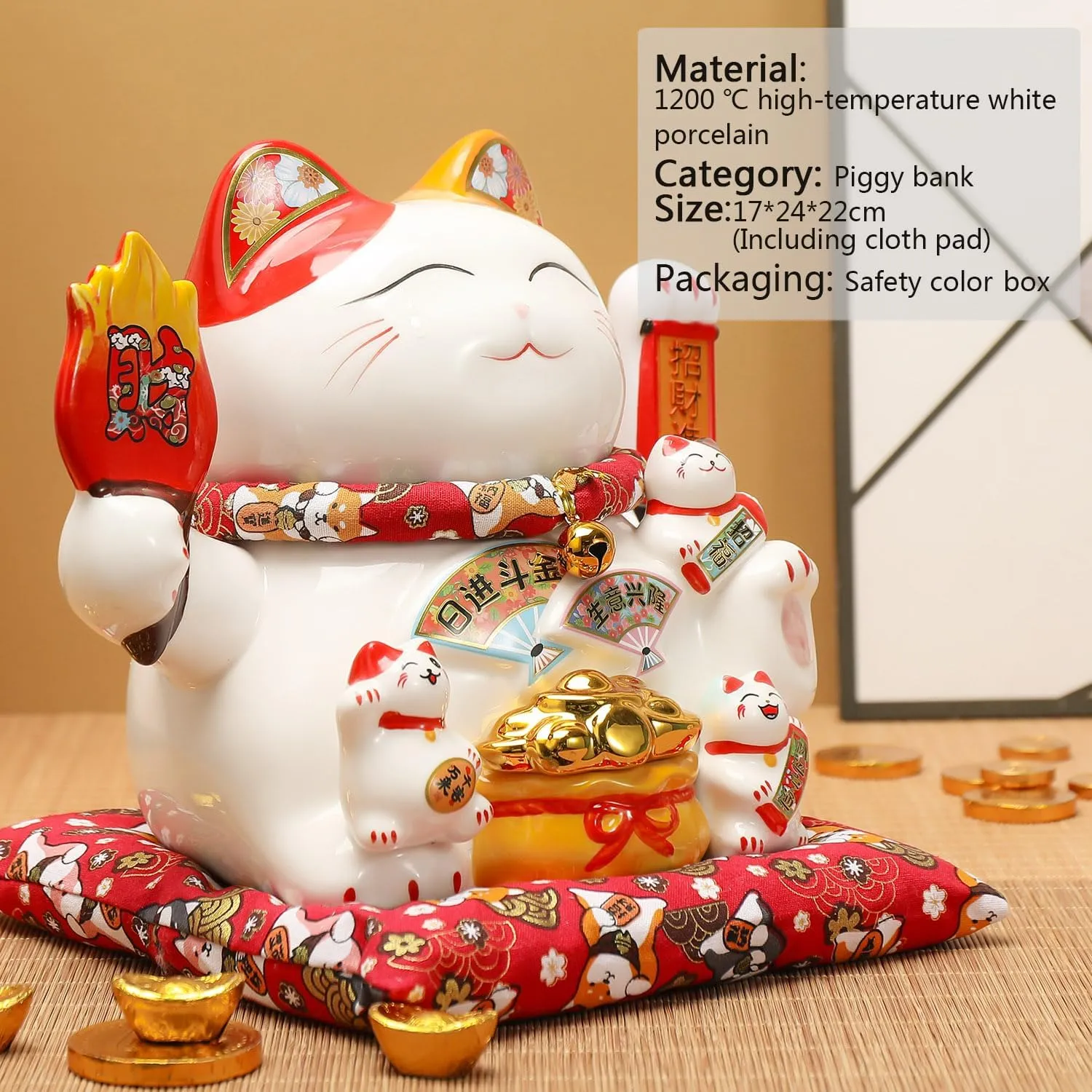 Chinese Ceramic Lucky Cat - Japanese Cat Waving Arm, Lucky Statue Cat Fortune Cat with Moving Arm, Good Luck Statue for Home, Office, and Store Decor