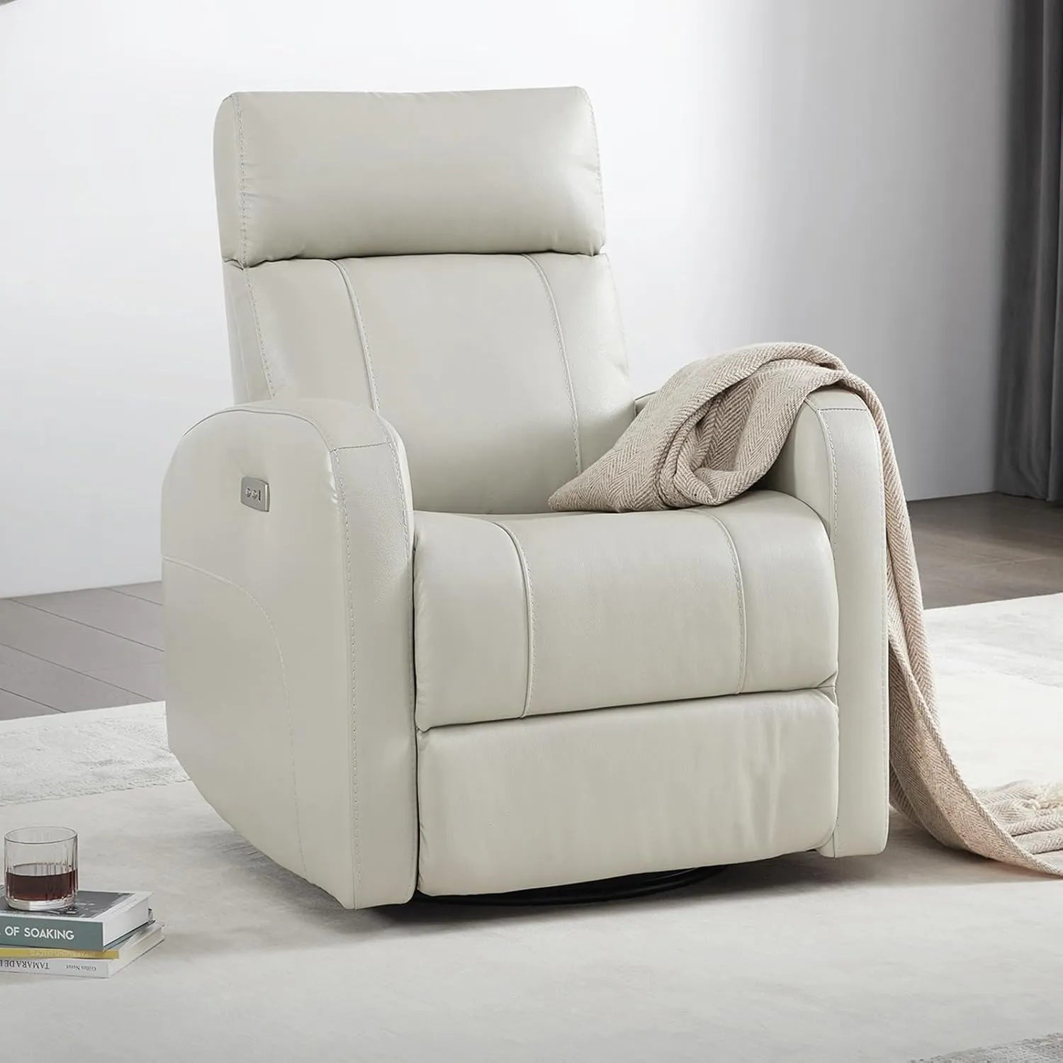 CHITA Genuine Leather Power Swivel Glider Recliner Chair for Adults, FSC Certified Electric Nursery Rocker Recliner Chair for Living Room, Light Grey