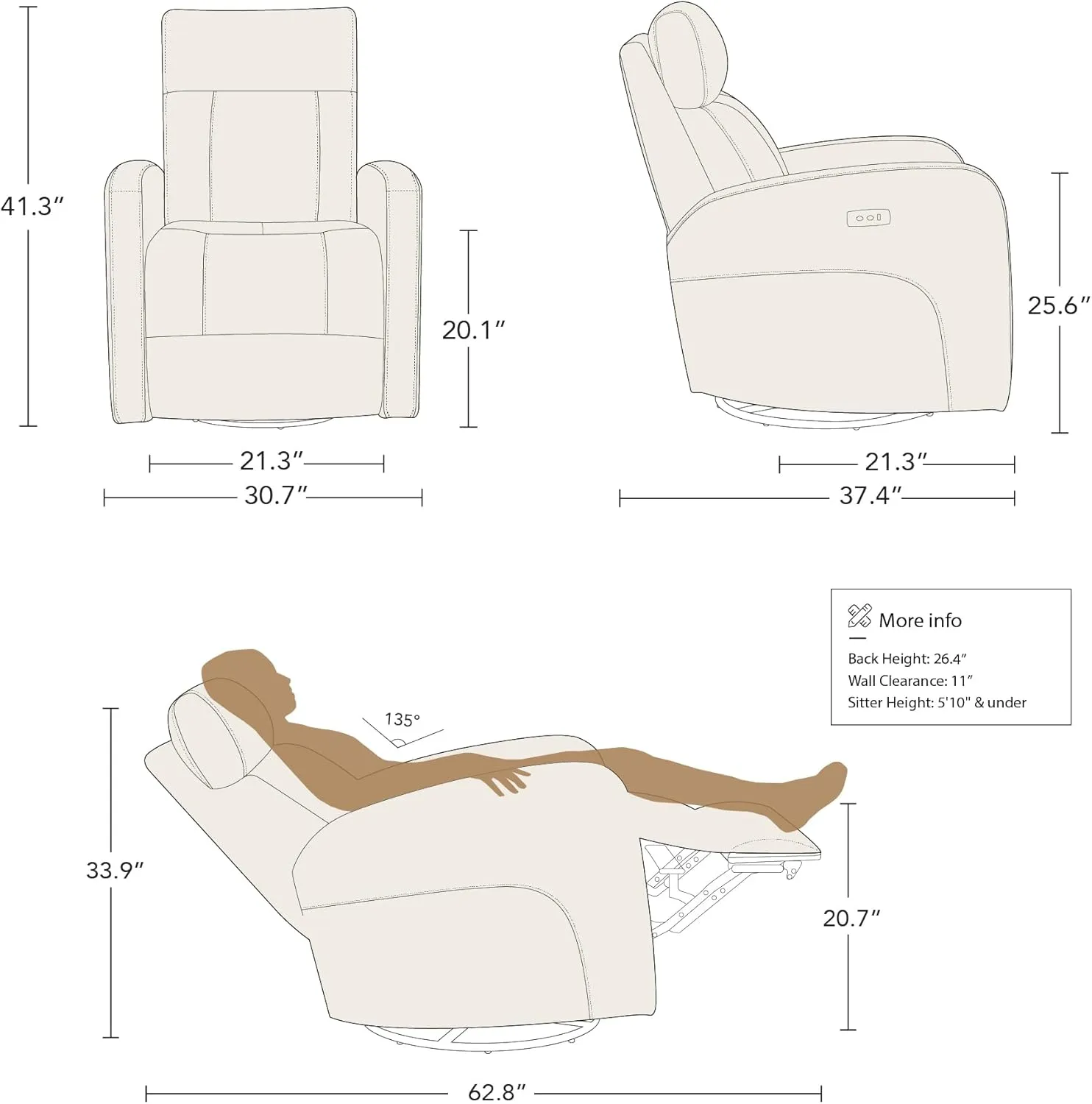 CHITA Genuine Leather Power Swivel Glider Recliner Chair for Adults, FSC Certified Electric Nursery Rocker Recliner Chair for Living Room, Light Grey