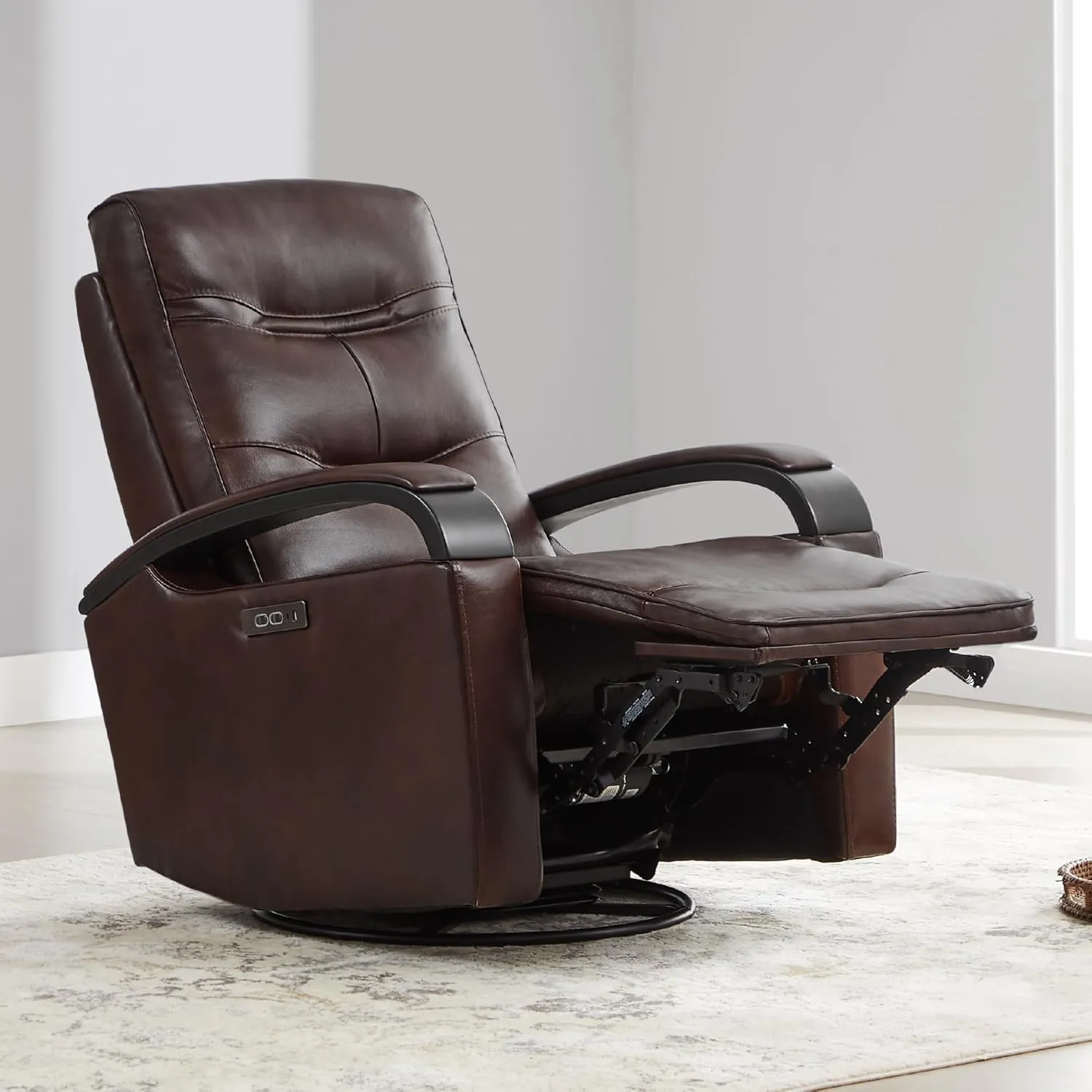 CHITA Genuine Leather Power Swivel Glider Rocker Recliner, FSC Certified Mid Century Modern Recliner Chair for Adults, Adjustable Power Headrest, for Nursery and Living Room, Cognac Brown