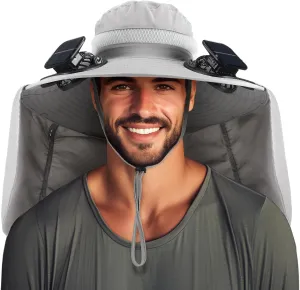 Chuarry Wide Brim Sun Hat with 2 Fan Outdoor Solar Powered USB Charging Fishing Hat with Neck Flap for Men Women
