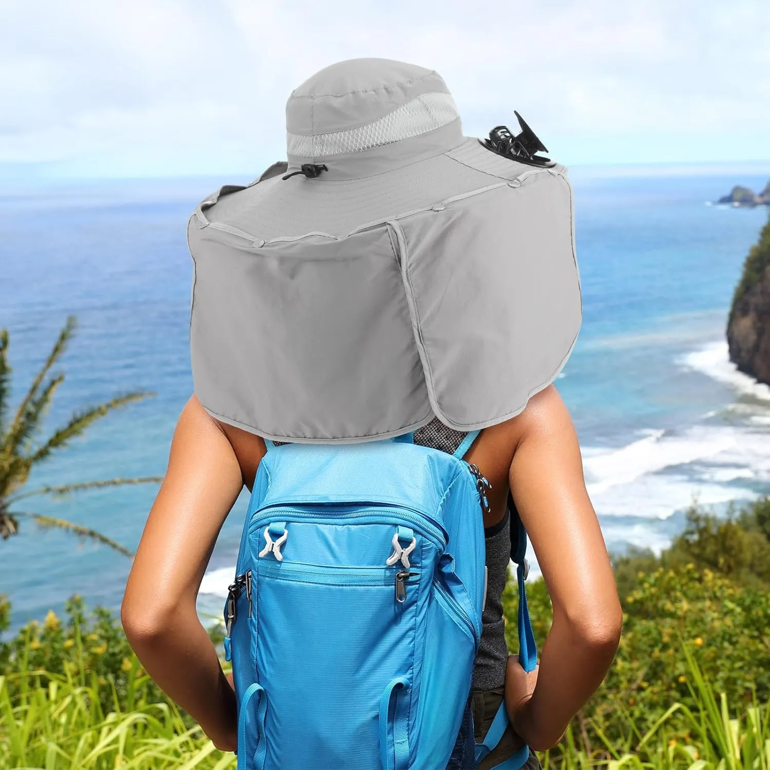 Chuarry Wide Brim Sun Hat with 2 Fan Outdoor Solar Powered USB Charging Fishing Hat with Neck Flap for Men Women