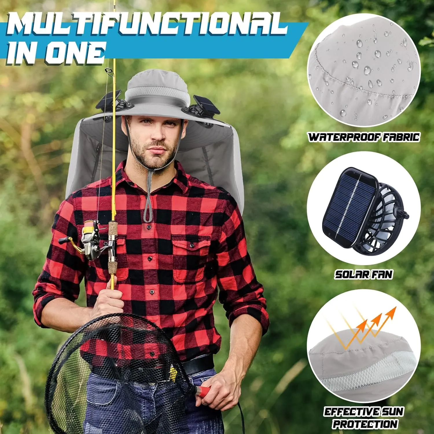 Chuarry Wide Brim Sun Hat with 2 Fan Outdoor Solar Powered USB Charging Fishing Hat with Neck Flap for Men Women
