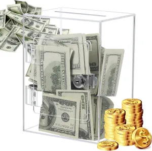 Clear Acrylic Piggy Bank for Adults Kids, Large and Sturdy Money Saving Jar for Cash Coin with Key Change jar, Saving Box for Wedding, Birthday, New Year Gifts and Fun (Clear)