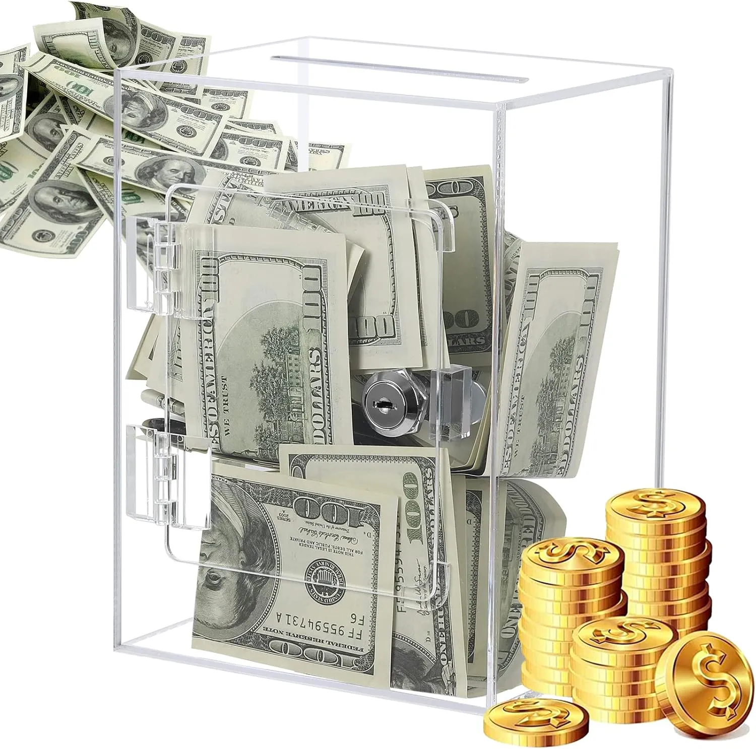 Clear Acrylic Piggy Bank for Adults Kids, Large and Sturdy Money Saving Jar for Cash Coin with Key Change jar, Saving Box for Wedding, Birthday, New Year Gifts and Fun (Clear)