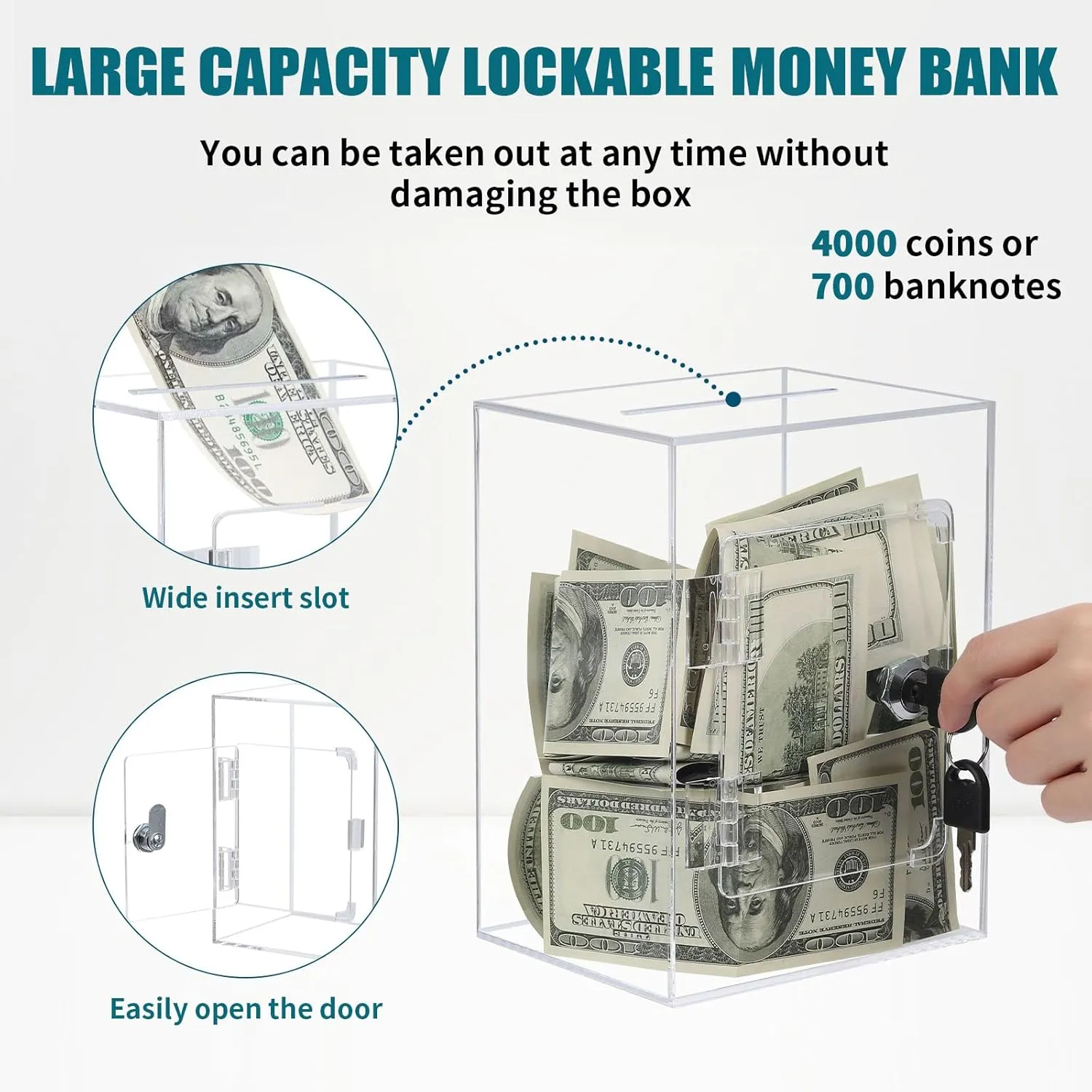 Clear Acrylic Piggy Bank for Adults Kids, Large and Sturdy Money Saving Jar for Cash Coin with Key Change jar, Saving Box for Wedding, Birthday, New Year Gifts and Fun (Clear)