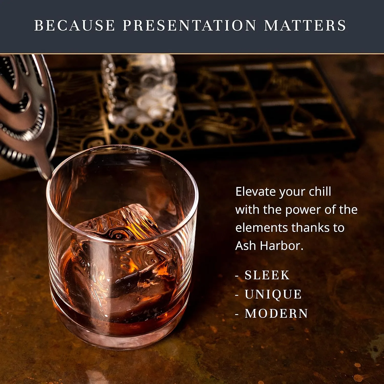 Clear Ice Cube Maker Design Tray - Craft Modern Ice Molds for Bourbon & Cocktails in 5 Seconds - Whiskey Mold Cube Stamp – Bartender Accessories - Copper Ice Press Cocktails by Ash Harbor (Elements)