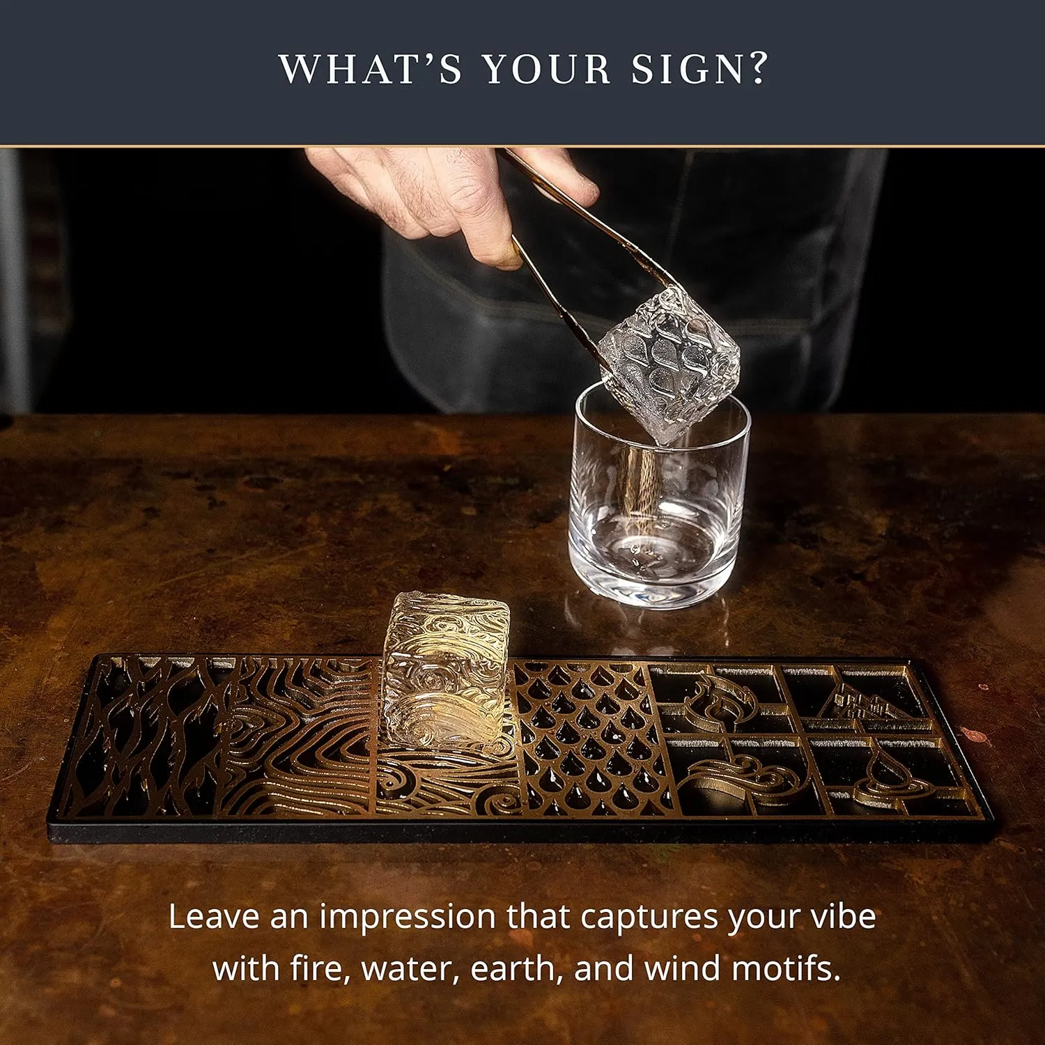 Clear Ice Cube Maker Design Tray - Craft Modern Ice Molds for Bourbon & Cocktails in 5 Seconds - Whiskey Mold Cube Stamp – Bartender Accessories - Copper Ice Press Cocktails by Ash Harbor (Elements)