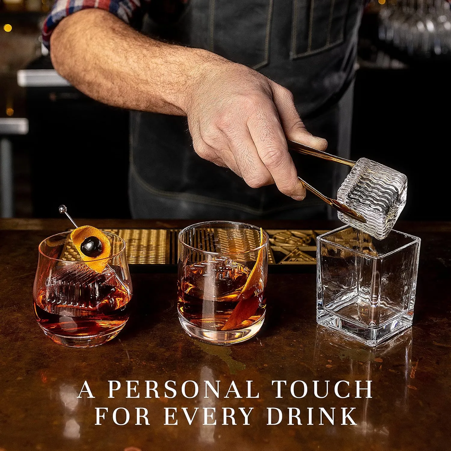 Clear Ice Cube Maker Design Tray - Craft Modern Ice Molds for Bourbon & Cocktails in 5 Seconds - Whiskey Mold Cube Stamp – Bartender Accessories - Copper Ice Press Cocktails by Ash Harbor (Elements)