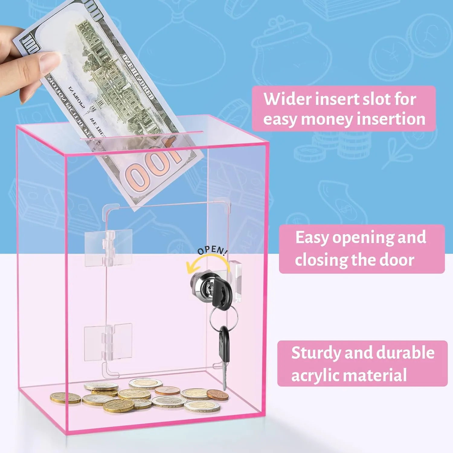 Clear Piggy Bank for Adults Kids, Large Acrylic Piggy Bank Money Saving Box for Cash Saving with Key, Openable Clear Acrylic Savings Jar for Real Money (Pink)