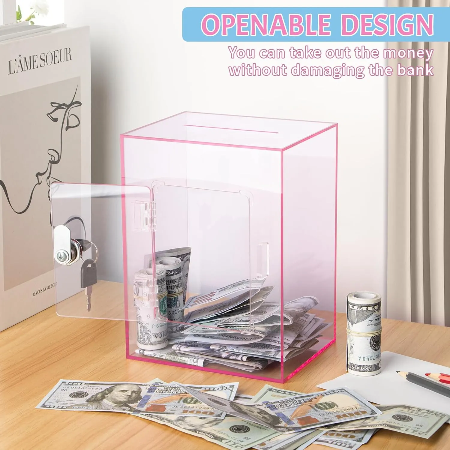 Clear Piggy Bank for Adults Kids, Large Acrylic Piggy Bank Money Saving Box for Cash Saving with Key, Openable Clear Acrylic Savings Jar for Real Money (Pink)