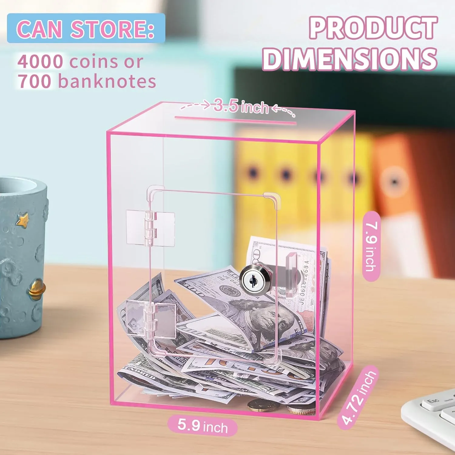 Clear Piggy Bank for Adults Kids, Large Acrylic Piggy Bank Money Saving Box for Cash Saving with Key, Openable Clear Acrylic Savings Jar for Real Money (Pink)