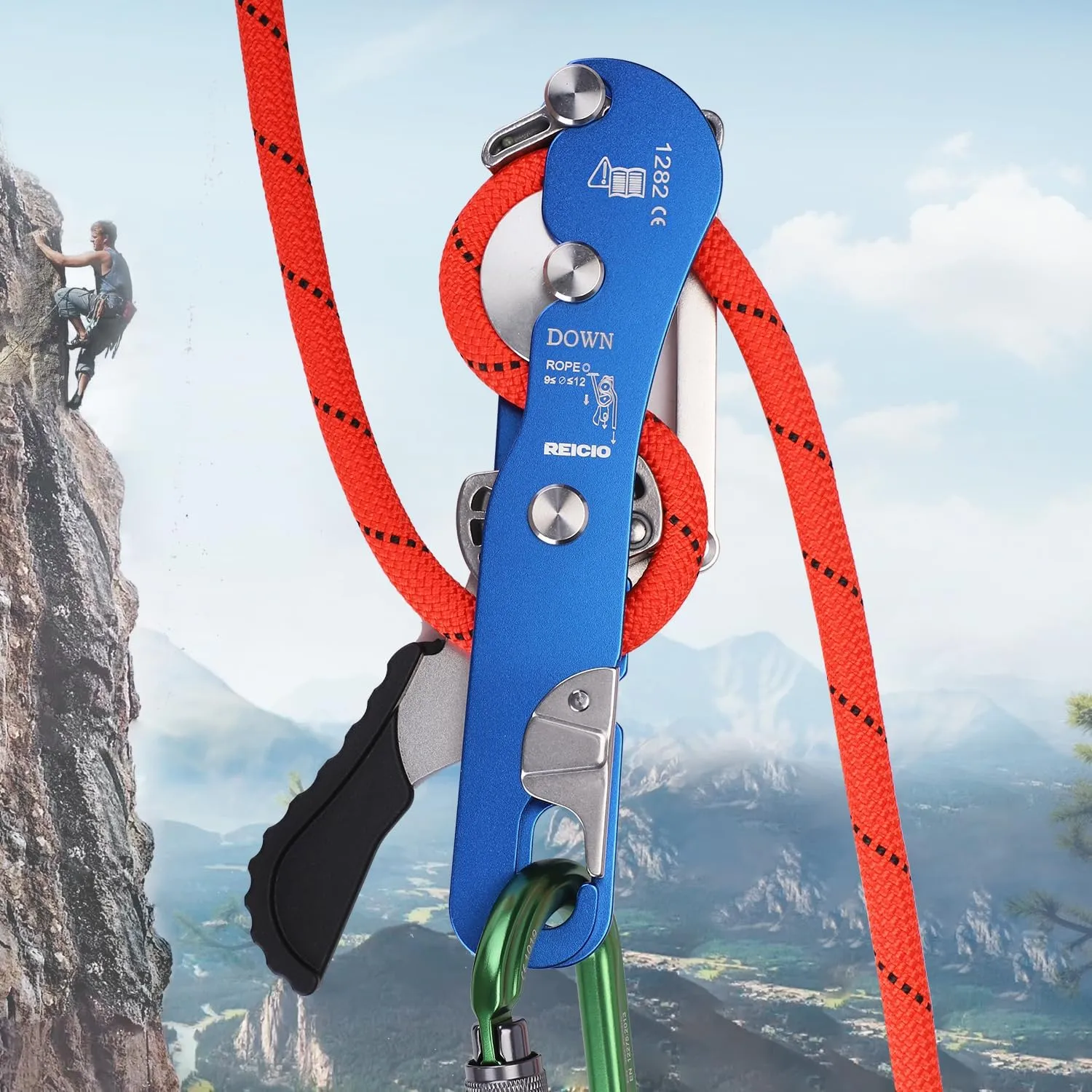 Climbing Stop Descender for 9-12mm,Self-Braking Self Locking Belay Device Rescue Equipment Hand Controls with Mountain Climbing Cave Rappelling Aerial Work Rescue Activities