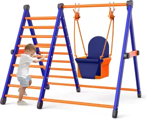 Climbing Toys and Baby Swing Set for Kids Toddlers Aged 1-3, Jungle Gym Pikler Triangle & Metal Swing Set Foldable 2-in-1 Montessori Baby Playground for Indoor Outdoor Backyard