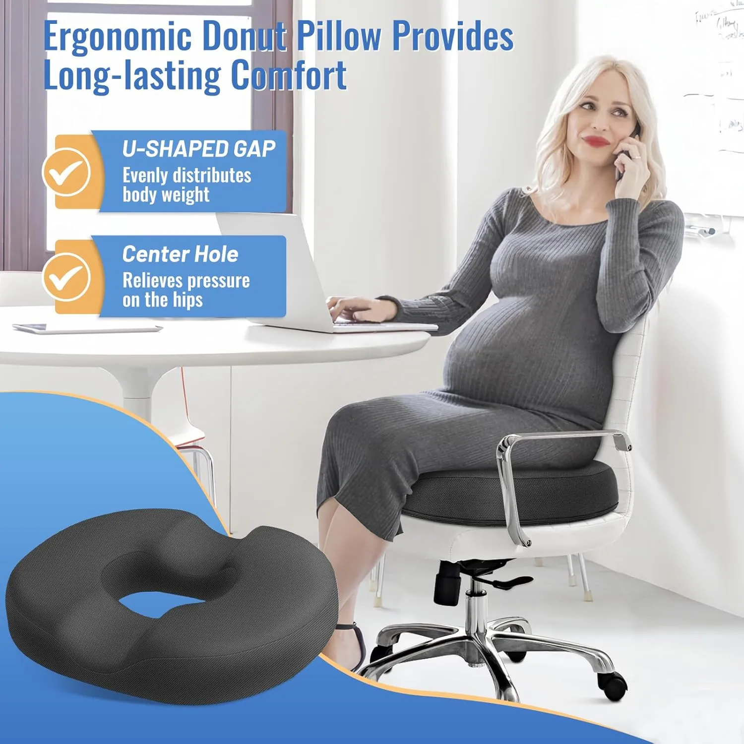 CloudBliss Donut Pillow Seat Cushion for Tailbone Pain Relief and Hemorrhoids, Memory Foam Seat Chair Cushion for Postpartum Pregnancy, Seat Cushions for Men and Women for Home & Office, (Grey)