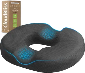 CloudBliss Donut Pillow Seat Cushion for Tailbone Pain Relief and Hemorrhoids, Memory Foam Seat Chair Cushion for Postpartum Pregnancy, Seat Cushions for Men and Women for Home & Office, (Grey)