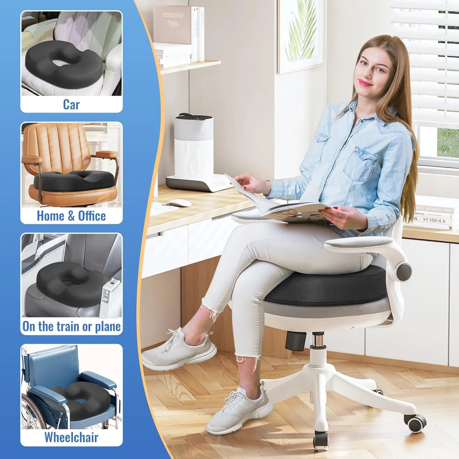 CloudBliss Donut Pillow Seat Cushion for Tailbone Pain Relief and Hemorrhoids, Memory Foam Seat Chair Cushion for Postpartum Pregnancy, Seat Cushions for Men and Women for Home & Office, (Grey)