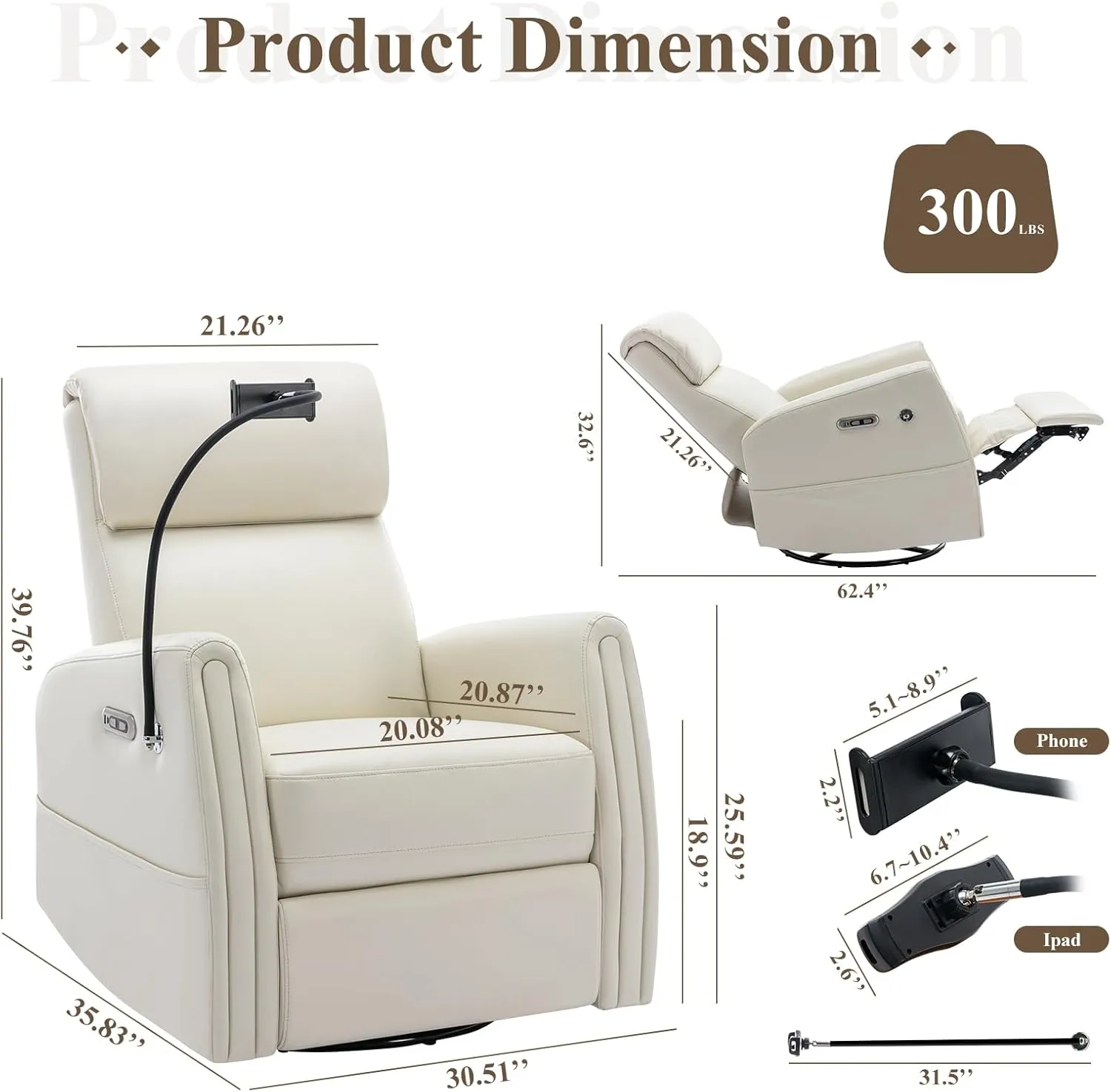 COLAMY Power Recliner Chair Swivel Glider Rocker for Nursery, Upholstered Faux Leather Living Room Rocking Reclining Single Sofa Chair with 2 Device Holders, Beige
