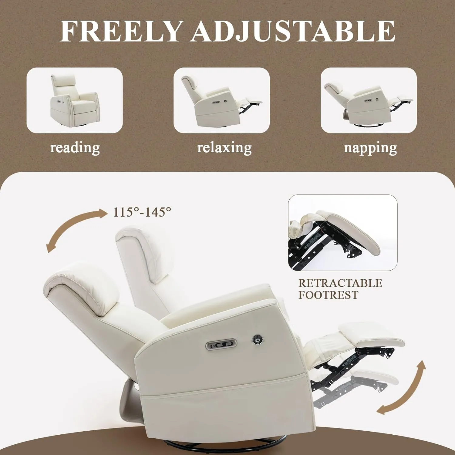 COLAMY Power Recliner Chair Swivel Glider Rocker for Nursery, Upholstered Faux Leather Living Room Rocking Reclining Single Sofa Chair with 2 Device Holders, Beige