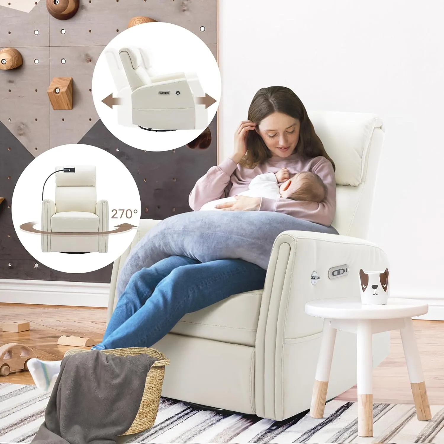COLAMY Power Recliner Chair Swivel Glider Rocker for Nursery, Upholstered Faux Leather Living Room Rocking Reclining Single Sofa Chair with 2 Device Holders, Beige