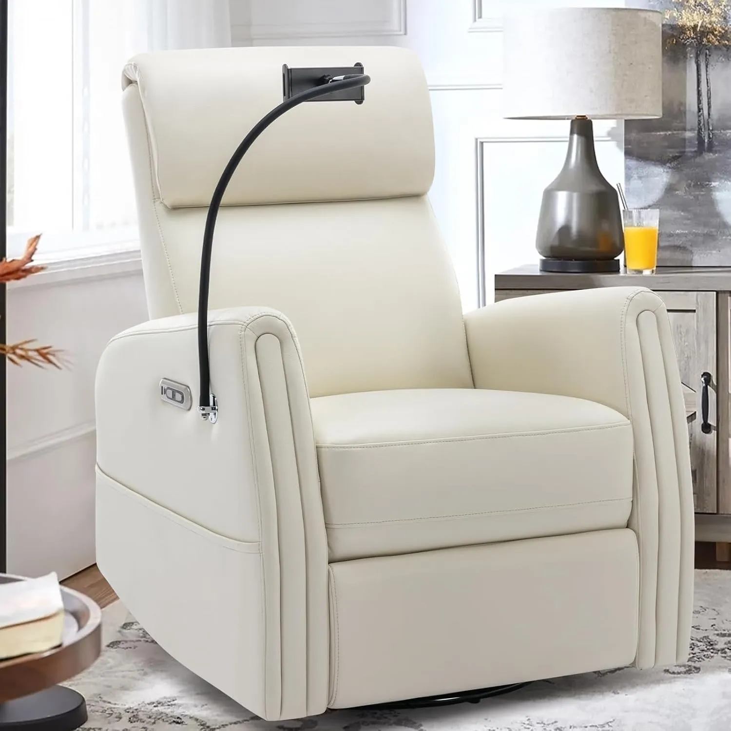 COLAMY Power Recliner Chair Swivel Glider Rocker for Nursery, Upholstered Faux Leather Living Room Rocking Reclining Single Sofa Chair with 2 Device Holders, Beige