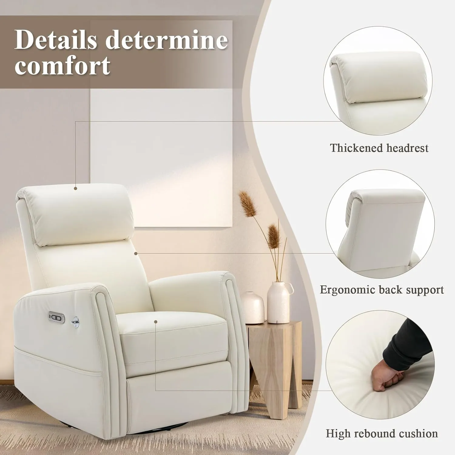 COLAMY Power Recliner Chair Swivel Glider Rocker for Nursery, Upholstered Faux Leather Living Room Rocking Reclining Single Sofa Chair with 2 Device Holders, Beige