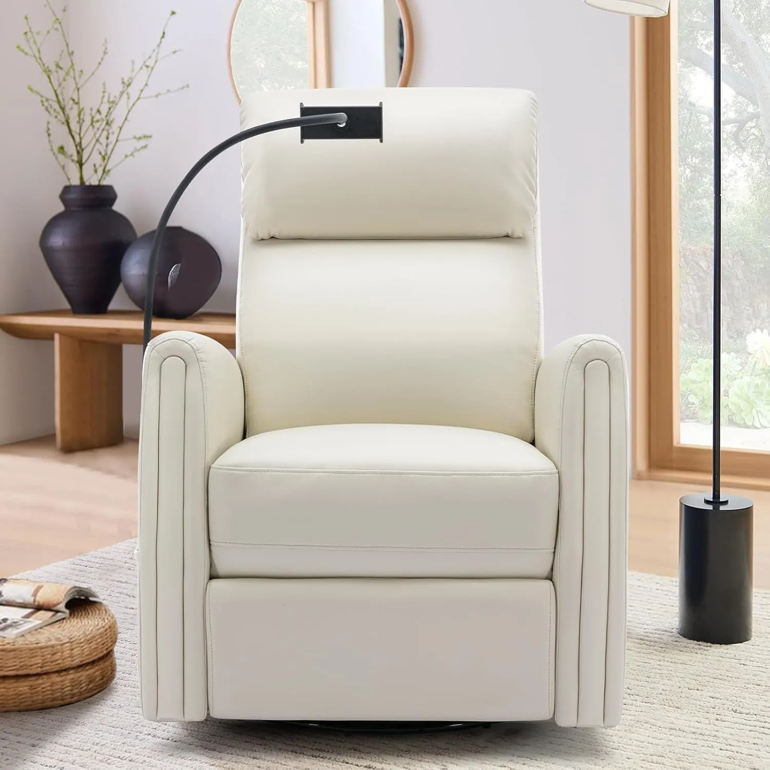 COLAMY Power Recliner Chair Swivel Glider Rocker for Nursery, Upholstered Faux Leather Living Room Rocking Reclining Single Sofa Chair with 2 Device Holders, Beige
