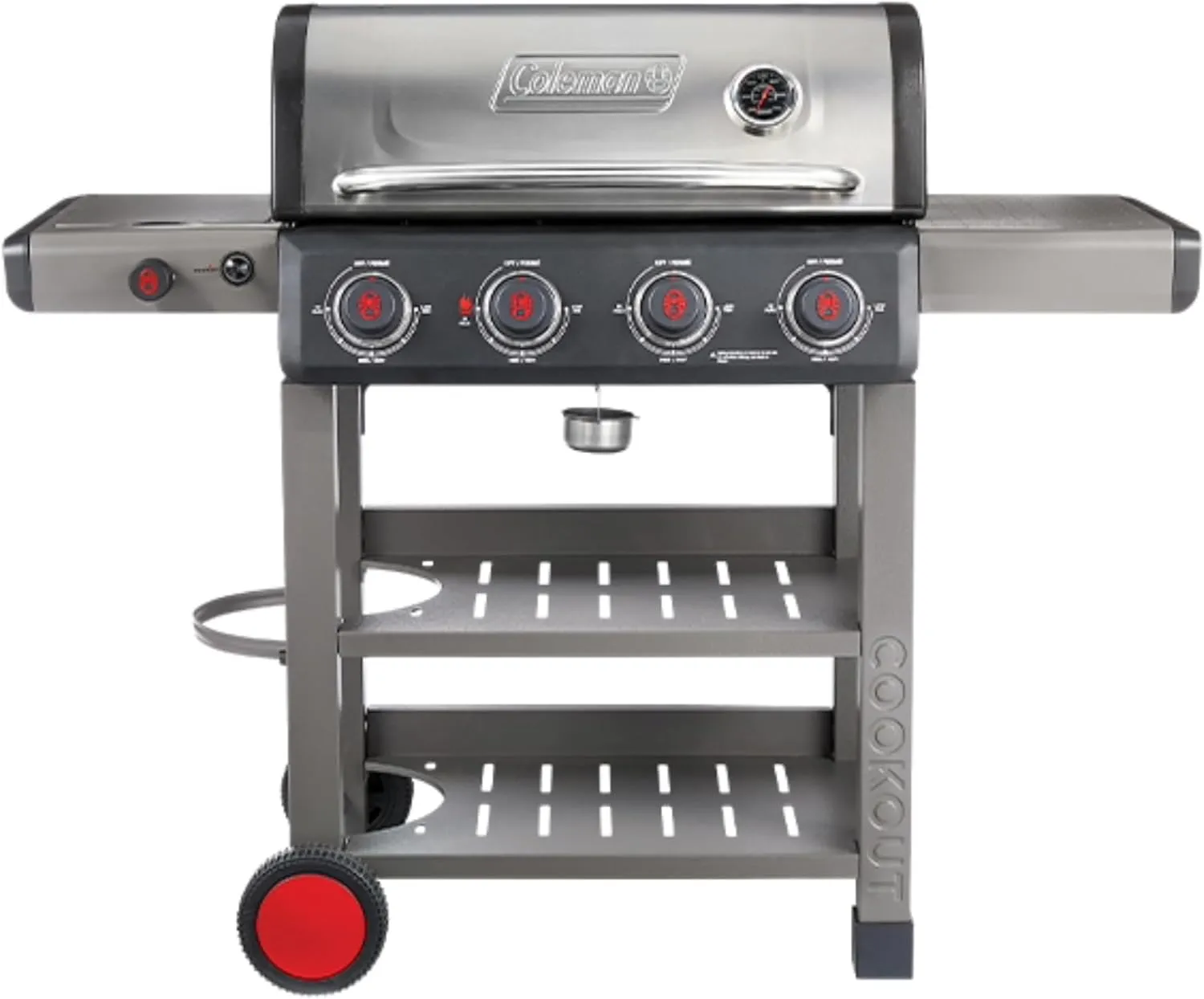Coleman Cookout 4-Burner Propane Grill, 36,000 BTU Gas Grill with Side Burner, 2-Wheel Cart, 637-Sq. In. Cooking Surface, Instastart Ignition, and Storage Shelves, Stainless/Gray
