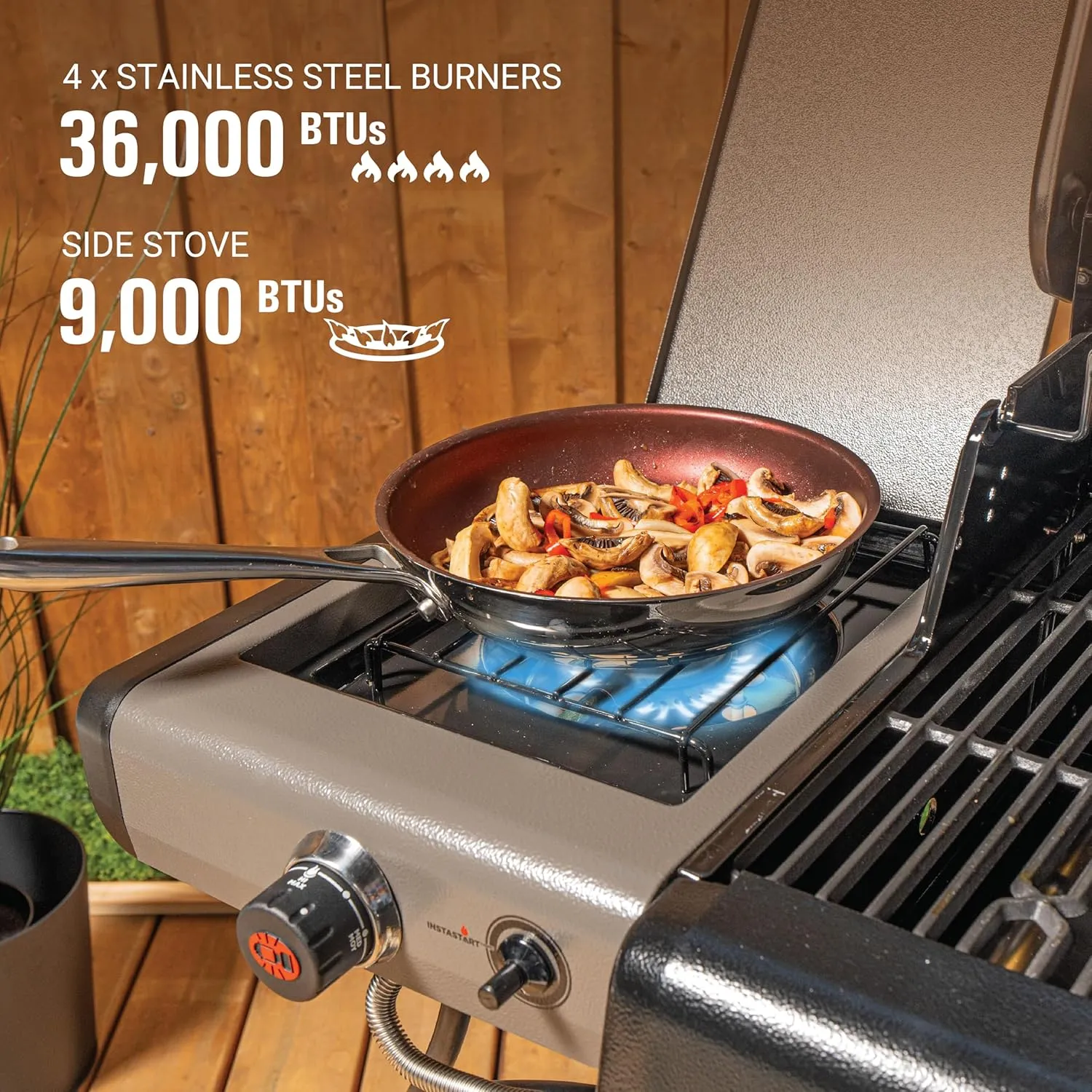 Coleman Cookout 4-Burner Propane Grill, 36,000 BTU Gas Grill with Side Burner, 2-Wheel Cart, 637-Sq. In. Cooking Surface, Instastart Ignition, and Storage Shelves, Stainless/Gray