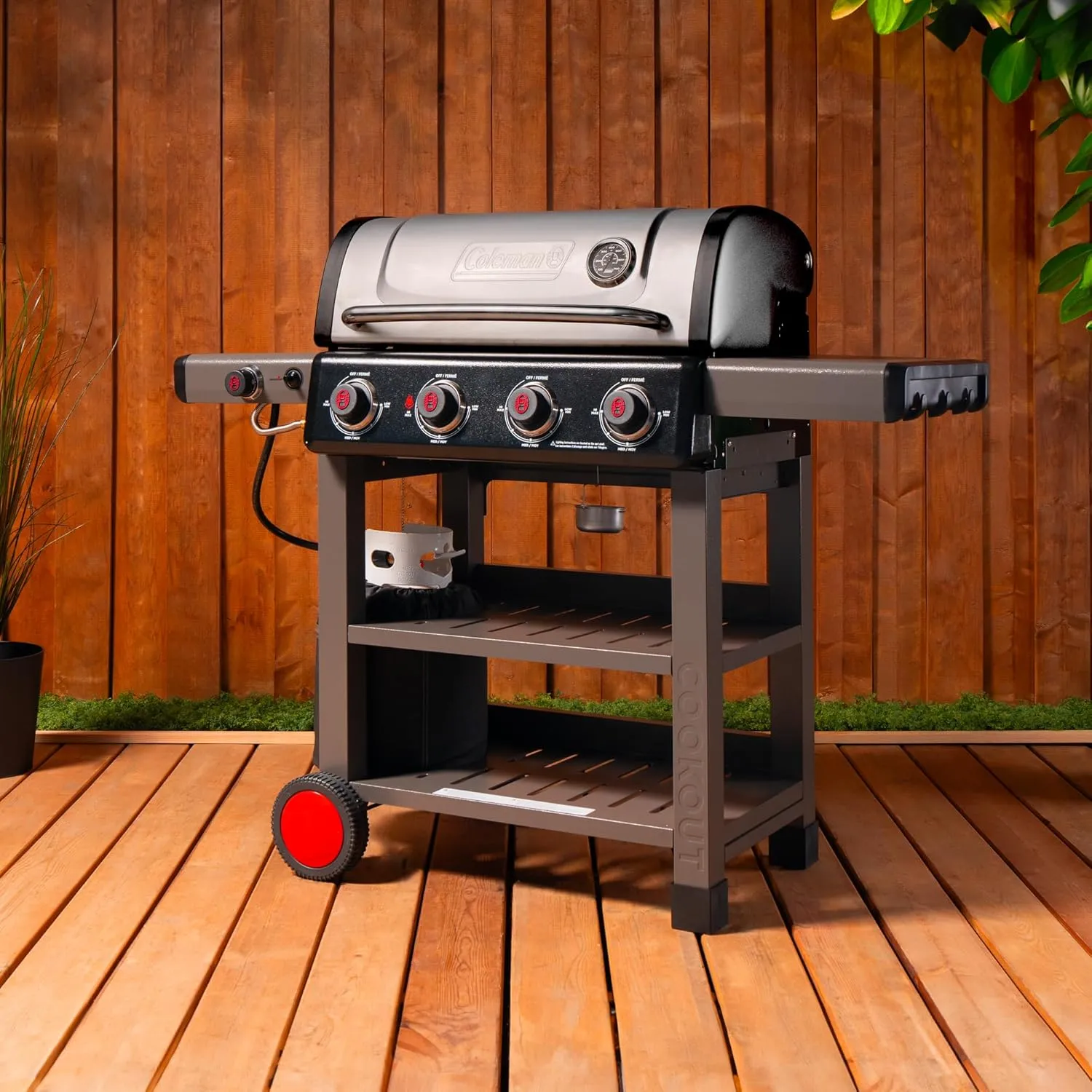 Coleman Cookout 4-Burner Propane Grill, 36,000 BTU Gas Grill with Side Burner, 2-Wheel Cart, 637-Sq. In. Cooking Surface, Instastart Ignition, and Storage Shelves, Stainless/Gray
