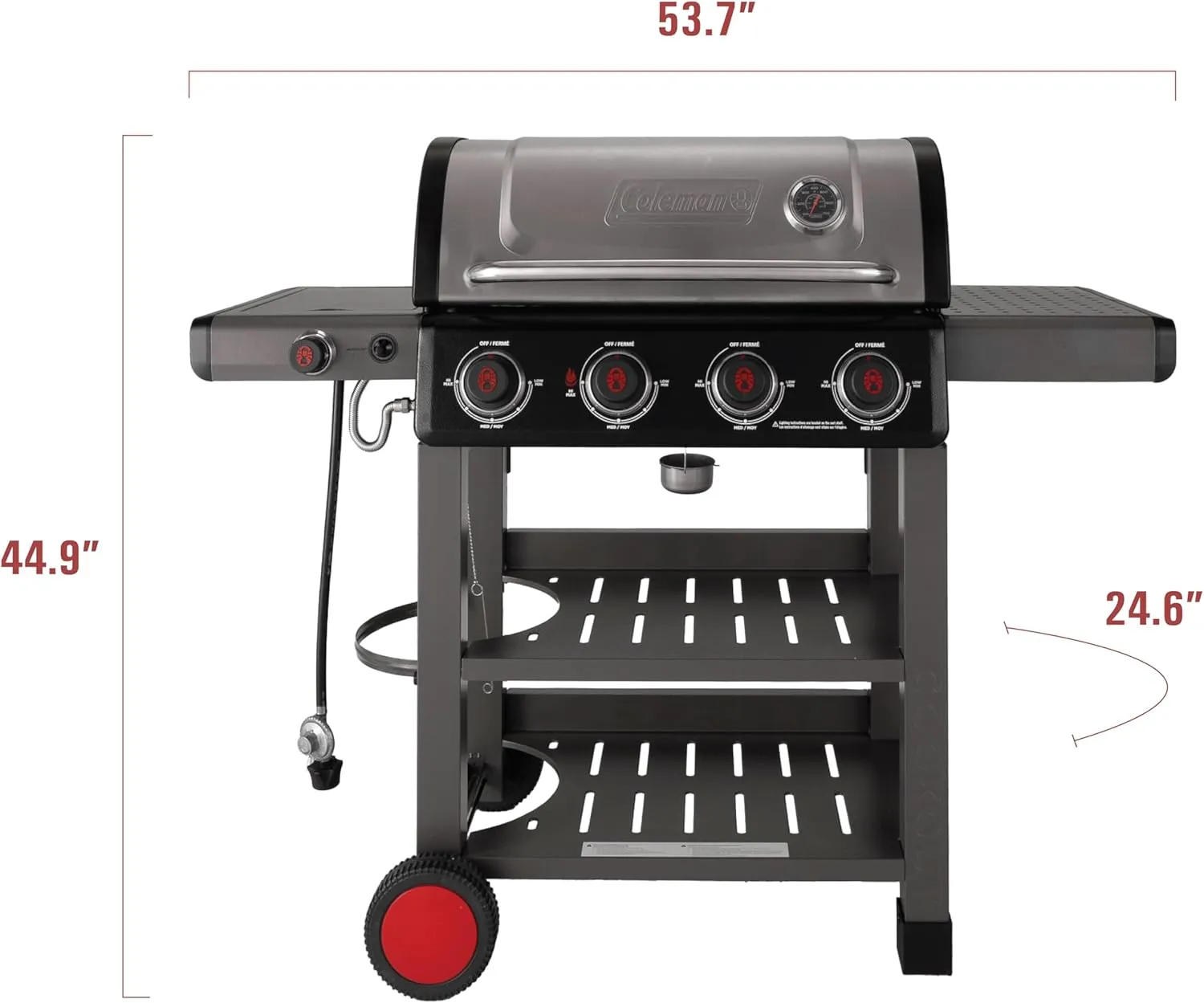 Coleman Cookout 4-Burner Propane Grill, 36,000 BTU Gas Grill with Side Burner, 2-Wheel Cart, 637-Sq. In. Cooking Surface, Instastart Ignition, and Storage Shelves, Stainless/Gray