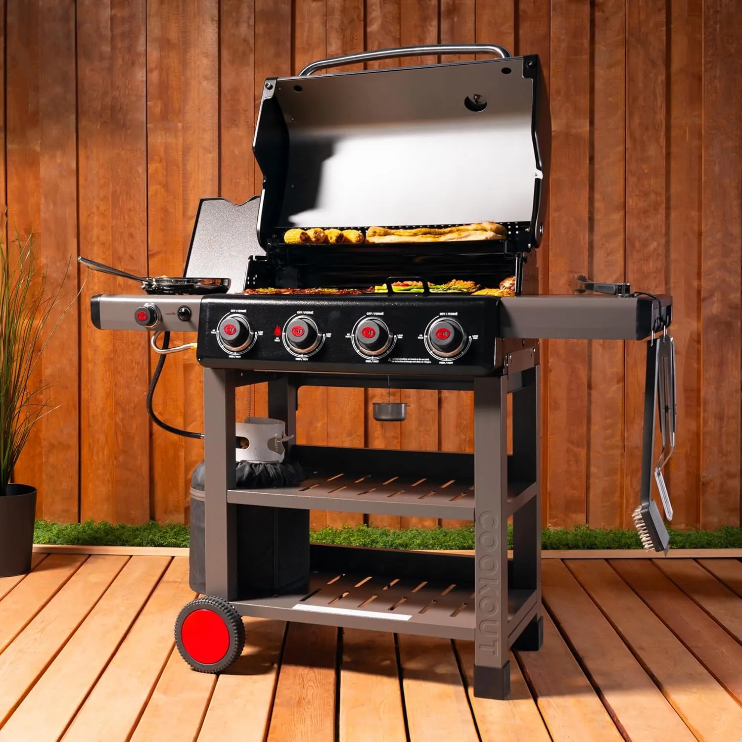 Coleman Cookout 4-Burner Propane Grill, 36,000 BTU Gas Grill with Side Burner, 2-Wheel Cart, 637-Sq. In. Cooking Surface, Instastart Ignition, and Storage Shelves, Stainless/Gray
