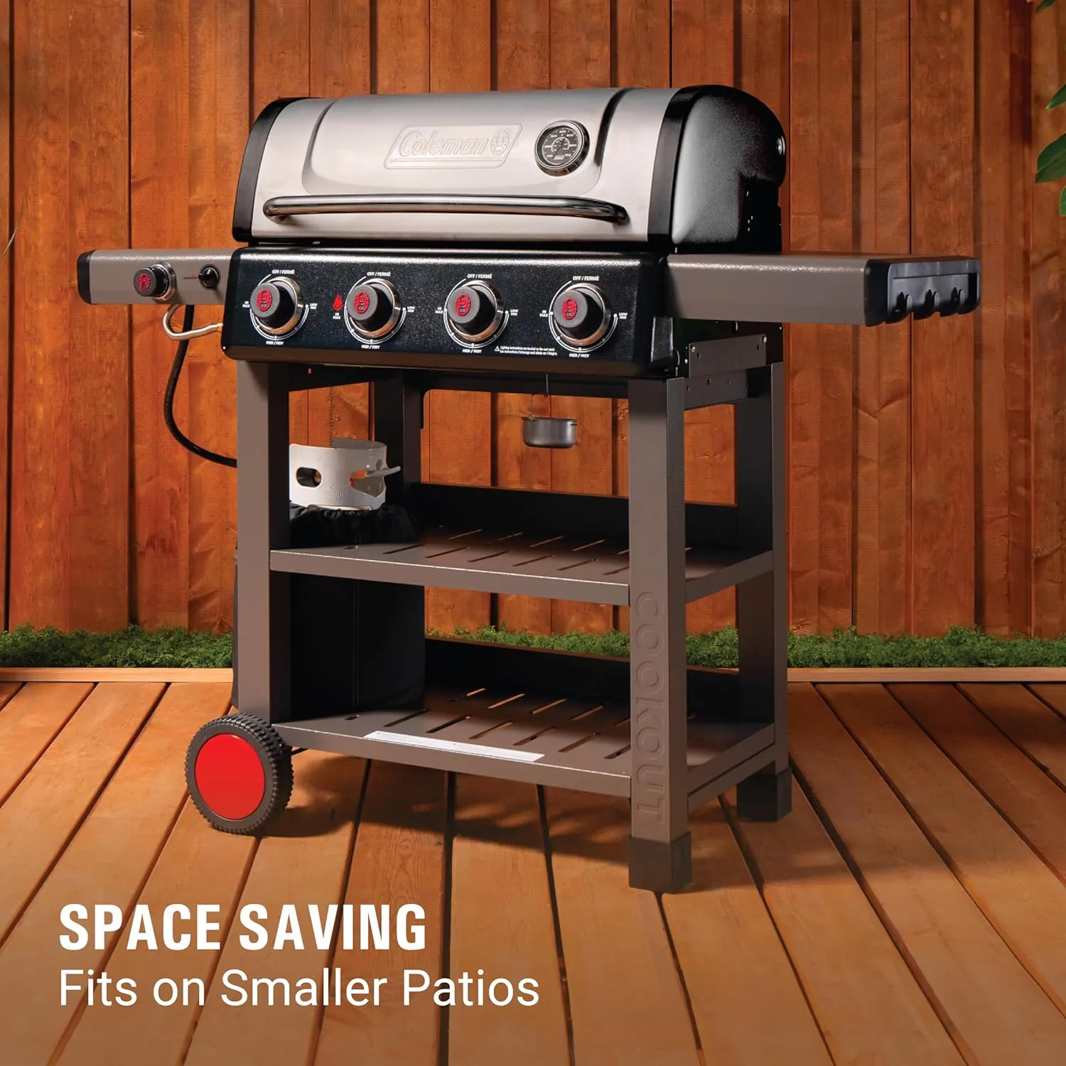 Coleman Cookout 4-Burner Propane Grill, 36,000 BTU Gas Grill with Side Burner, 2-Wheel Cart, 637-Sq. In. Cooking Surface, Instastart Ignition, and Storage Shelves, Stainless/Gray