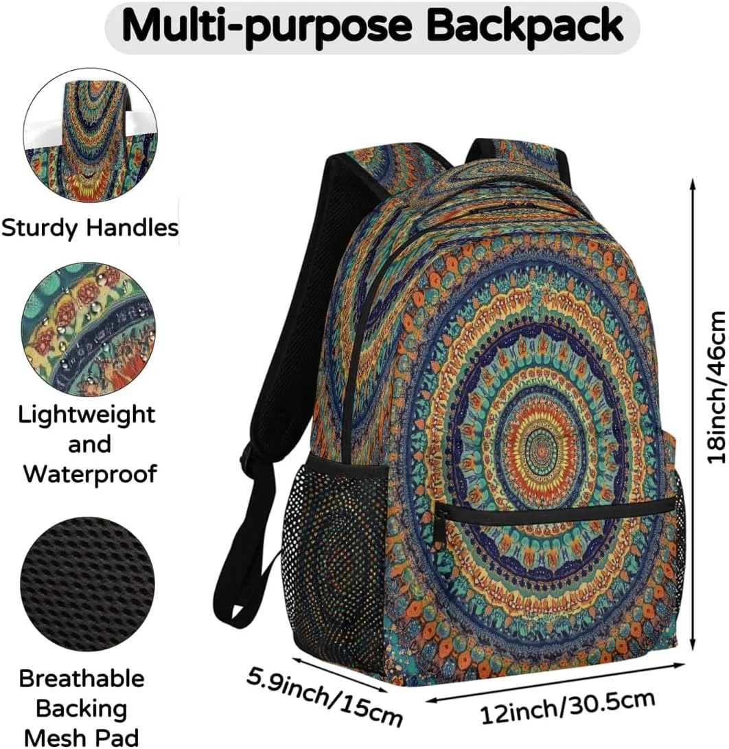 Colorful Mandala Pattern Travel Backpack, Large 16 Inch Laptop Bookbag Lightweight Carry-On Bag for Business Travel & Hiking
