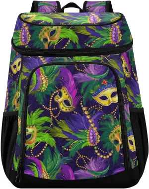 Colorful Mask Mardi Purple Gras Cooler Backpack Soft Cooler Bag Insulated Picnic Backpack Leakproof Travel Cooler Backpack for Beach Accessories