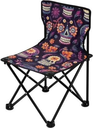 Colorful Skull Portable Outdoor Folding Chair Anti-Slip Padded Oxford Cloth Stool Camping Chair Small for Beach Hiking Fishing Gardening Quad Camp Chair