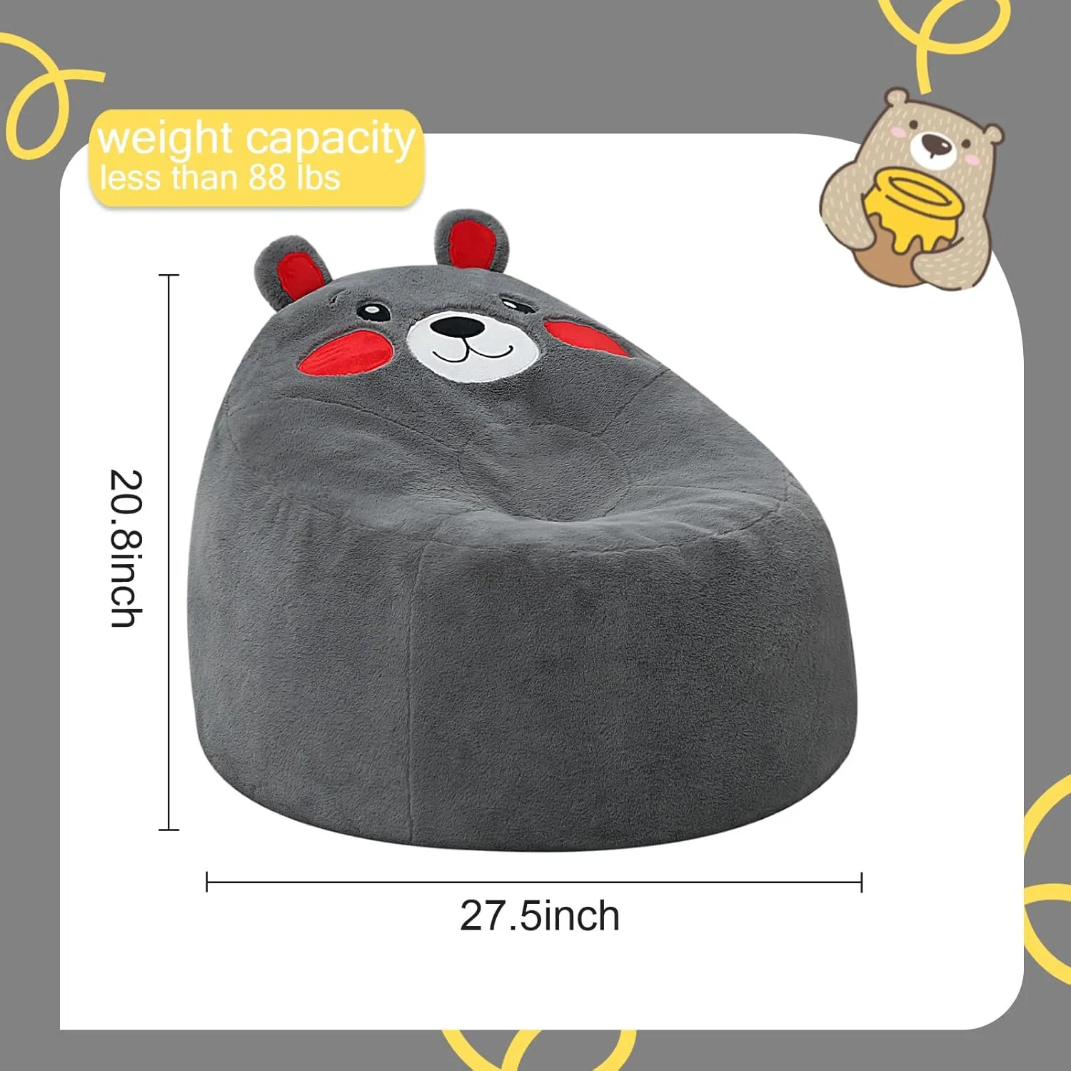 COMAX Bean Bag Chairs for Kids, Toddler BeanBag Sofa with Filler Bean Couch Stuffed for Boys and Girls, Lazy Floor Chair for Playroom, Nursery Room, Bear