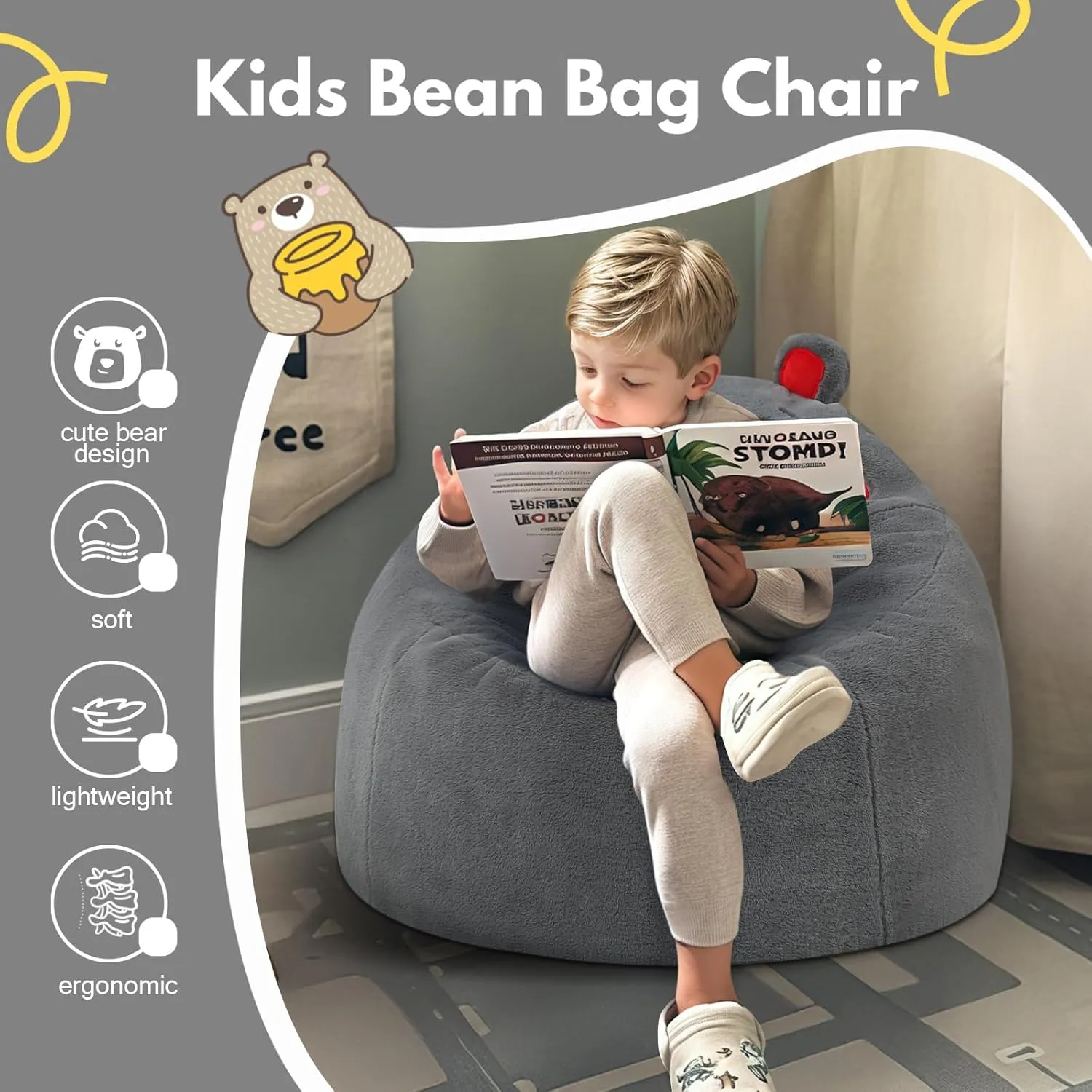 COMAX Bean Bag Chairs for Kids, Toddler BeanBag Sofa with Filler Bean Couch Stuffed for Boys and Girls, Lazy Floor Chair for Playroom, Nursery Room, Bear