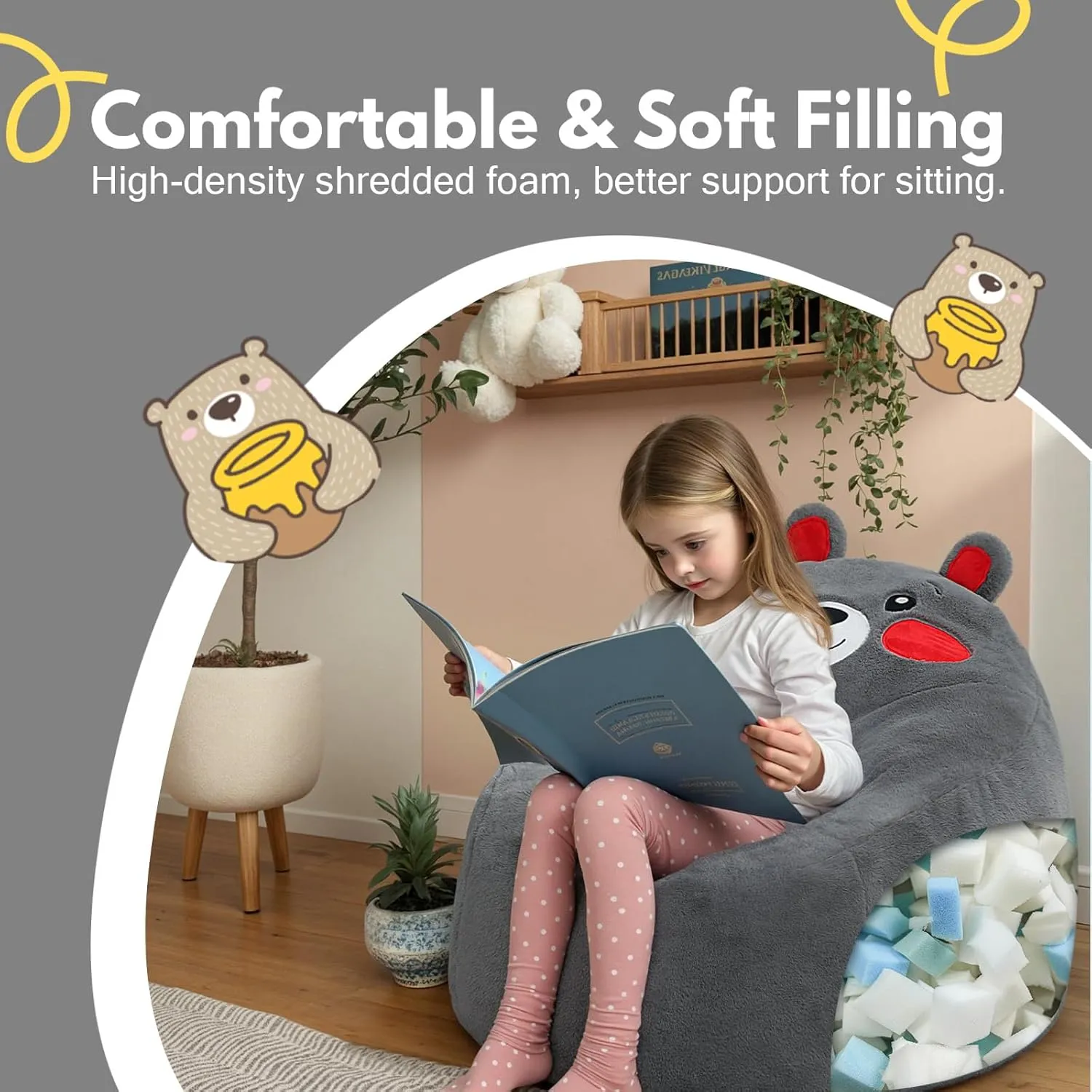 COMAX Bean Bag Chairs for Kids, Toddler BeanBag Sofa with Filler Bean Couch Stuffed for Boys and Girls, Lazy Floor Chair for Playroom, Nursery Room, Bear