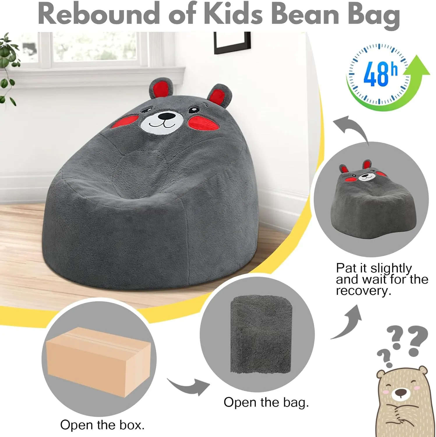 COMAX Bean Bag Chairs for Kids, Toddler BeanBag Sofa with Filler Bean Couch Stuffed for Boys and Girls, Lazy Floor Chair for Playroom, Nursery Room, Bear