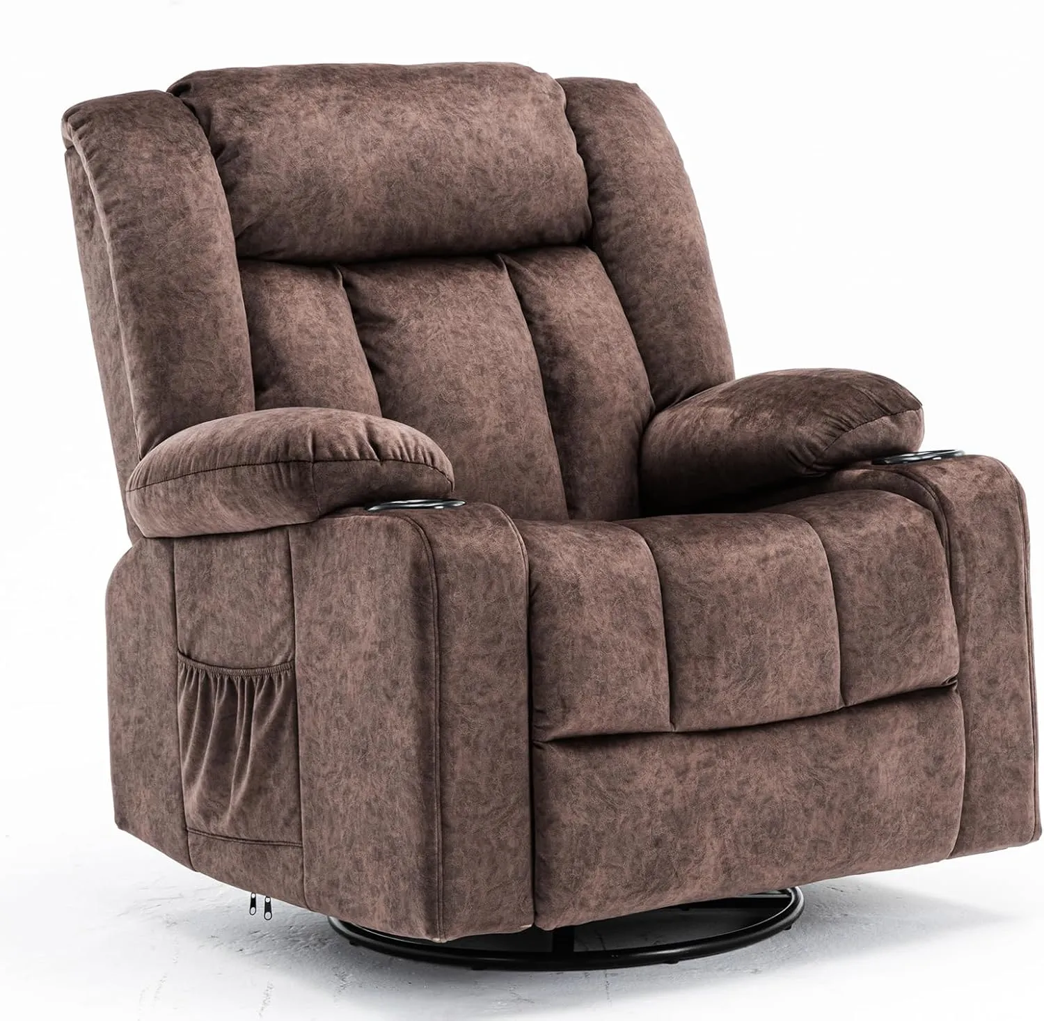 COMHOMA Recliner Chair,360° Swivel Rocker Glider Recliners with Cup Holders, Upholstered Fabric Rocking Chair for Adults,Manual Reclining Single Sofa for Living Room,Brown
