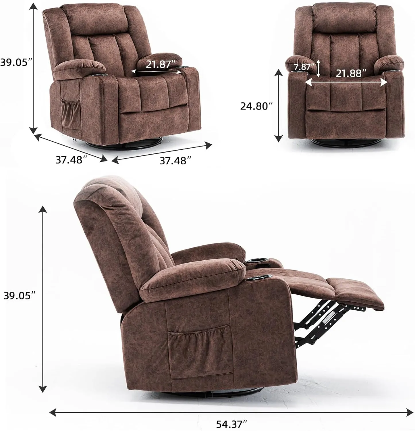 COMHOMA Recliner Chair,360° Swivel Rocker Glider Recliners with Cup Holders, Upholstered Fabric Rocking Chair for Adults,Manual Reclining Single Sofa for Living Room,Brown