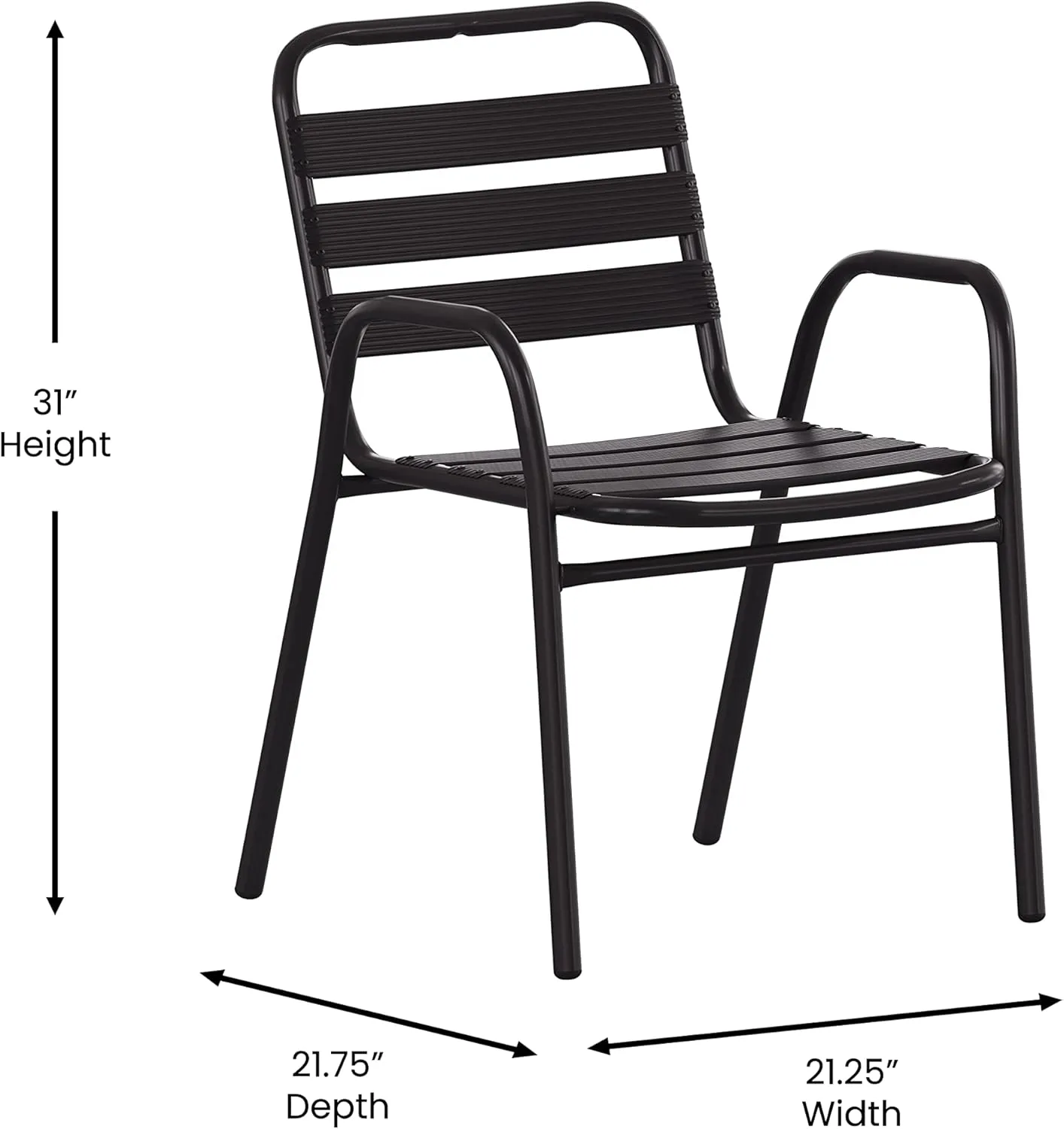 Commercial Restaurant Stack Chair with Triple Slat Back and Arms, Indoor-Outdoor Dining Chair, Black