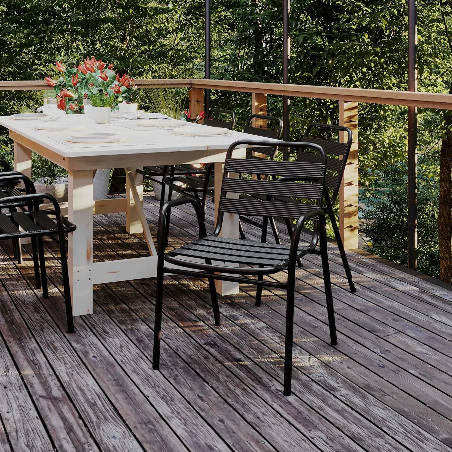 Commercial Restaurant Stack Chair with Triple Slat Back and Arms, Indoor-Outdoor Dining Chair, Black