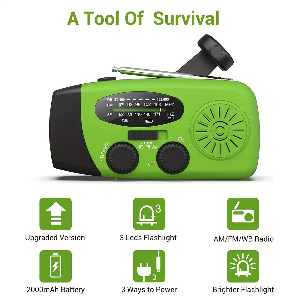 Compact emergency radio with 2000mah Power Bank, solar, hand crank and built -in flashlight for use outdoors