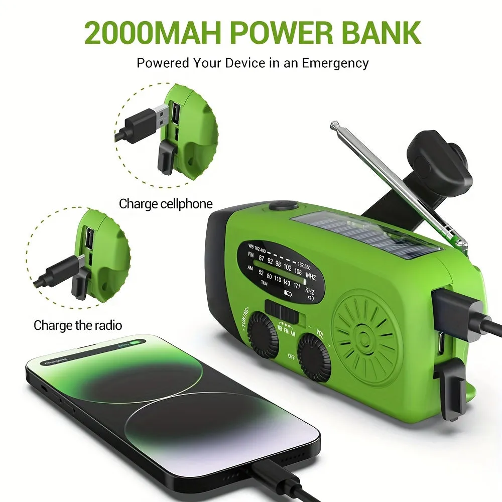 Compact emergency radio with 2000mah Power Bank, solar, hand crank and built -in flashlight for use outdoors