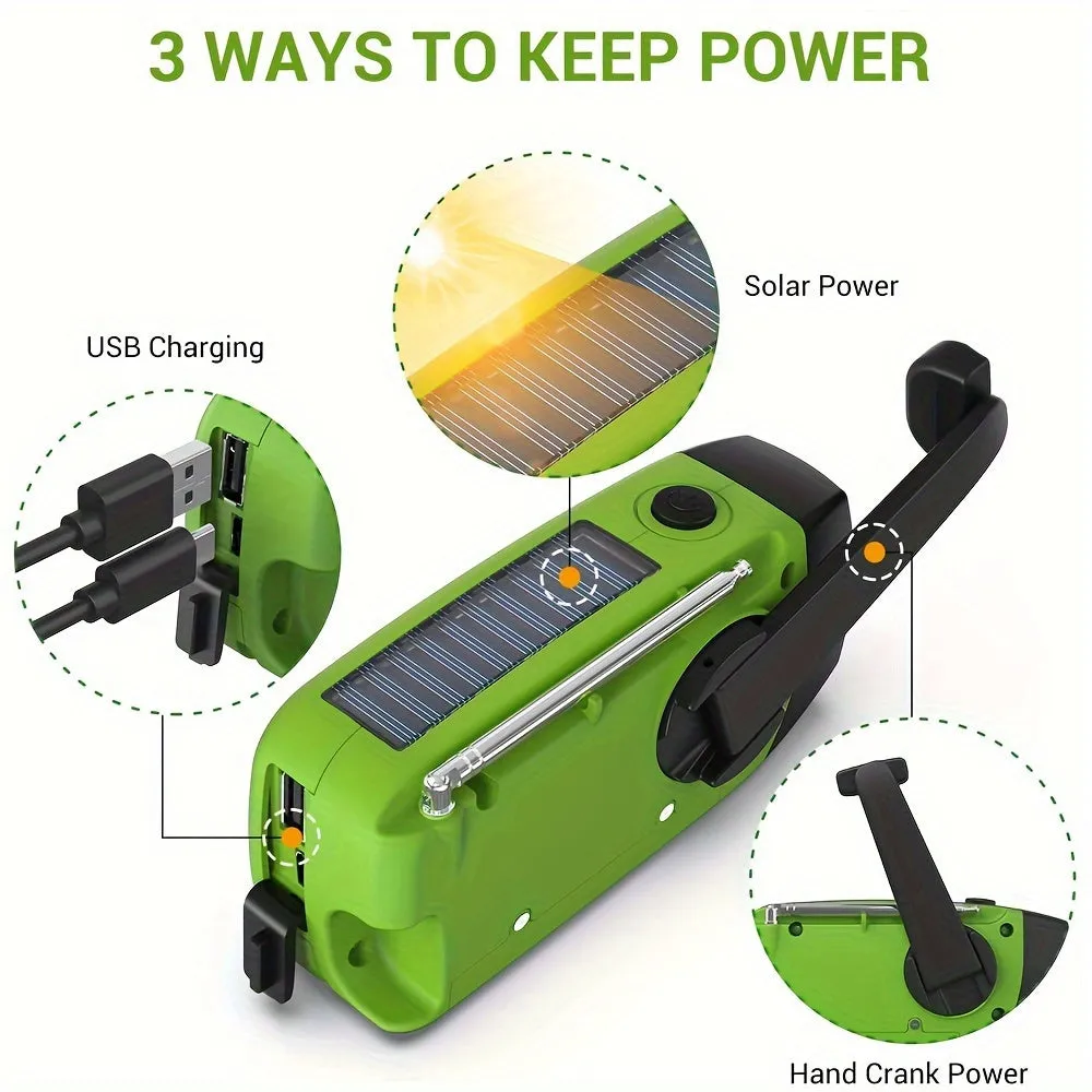 Compact emergency radio with 2000mah Power Bank, solar, hand crank and built -in flashlight for use outdoors
