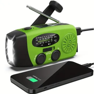 Compact emergency radio with 2000mah Power Bank, solar, hand crank and built -in flashlight for use outdoors