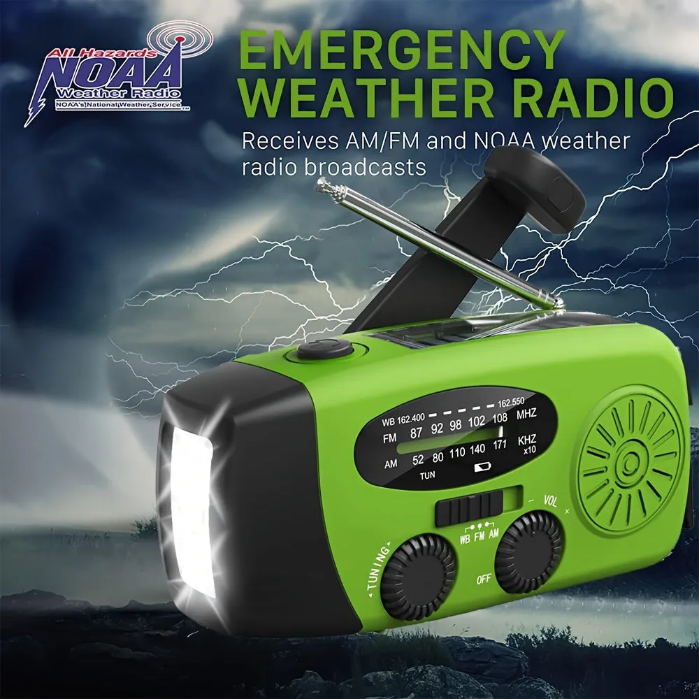 Compact emergency radio with 2000mah Power Bank, solar, hand crank and built -in flashlight for use outdoors